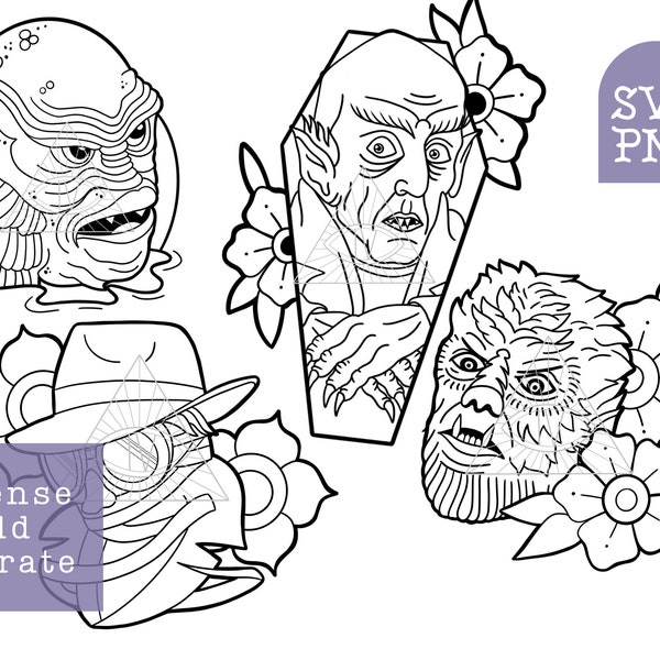 Classic Horror SVG Traditional Tattoo Digital Files: Creature Black Lagoon Wolfman Invisible Man Nosferatu