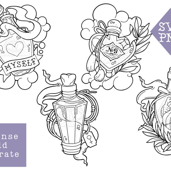 Love Potion Bottles Goth SVG Cut Files: Witchy Accessories Clipart Digital Download Files Bundle