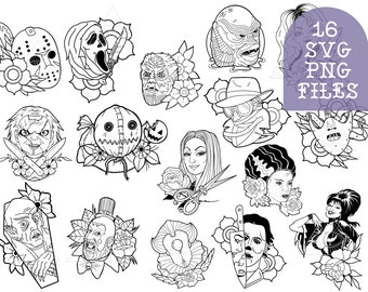 Classic Horror Tattoo SVG PNG Mega Bundle Digital Files for Cricut Projects/Shirts/Tumbler/Mug