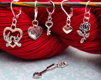 Set of 6 Love / Valentine Stitch Markers / Progress Keepers for Knitting or Crochet with your choice of clasps. Includes a storage tin.