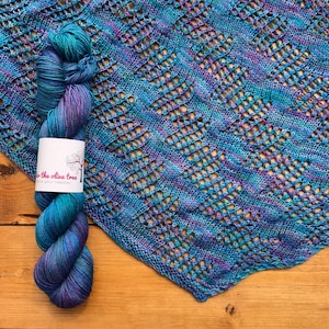 Shawl Knitting Kit - Lasso the Moon Shawl. One Skein 4ply asymmetric shawl knitting kit. Easy lace stitch pattern, video tutorials provided
