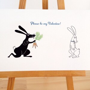 Please be my Valentine! Greetings card, romance, rabbits, black and white, Valentine