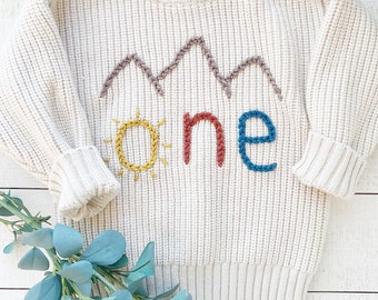 Embroidered First Birthday Sweater: Mountain ONE, Size 12-18 Months