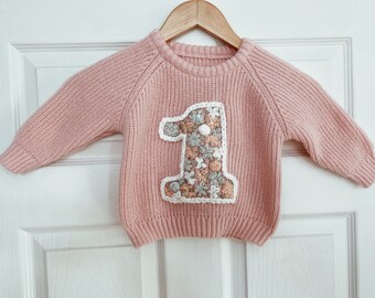 FREE SHIPPING first birthday embroidered floral sweater