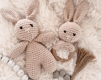 Crochet bunny stuffed animal and rattle gift set