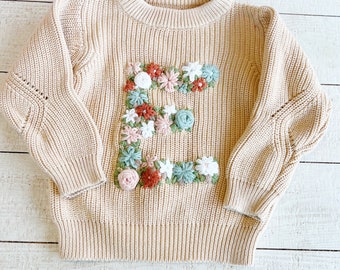 FREE SHIPPING initial floral embroidered sweater