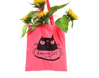 Scowling cat club bag • Black cat tote bag