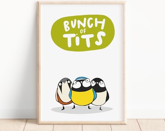 Bunch of tits print • Illustrated bird art • British bird print • Blue tit illustration