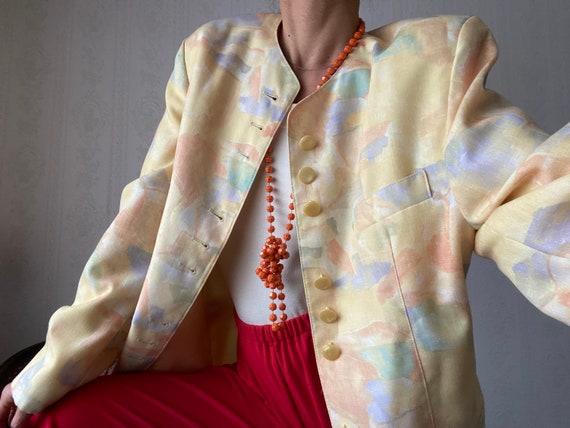 Vintage Yellow Crazy Pattern Collarless Jacket/ M - image 1
