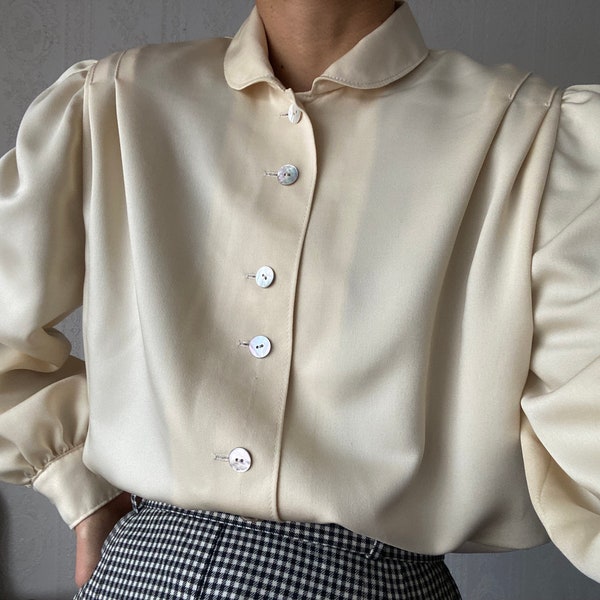 Vintage Bubikragen Creme Langarm Bluse/ petite L