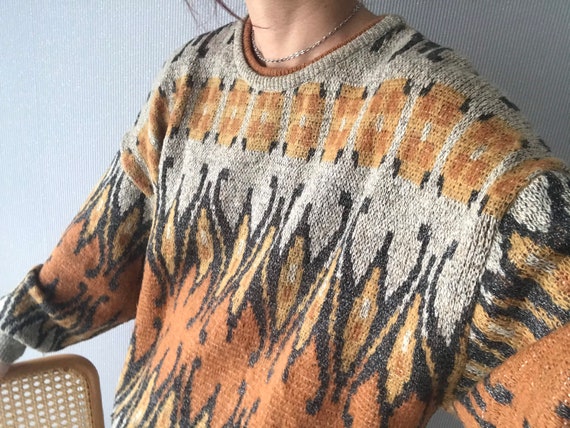 Vintage Unisex Orange Ecru Crazy Pattern Long Slee