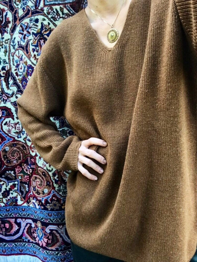 Vintage Chestnut Brown V-Neck Wool blend Knit Blouse Shirt Top Pullover Sweater Sweatshirt S L