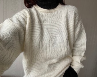 Vintage Unisex off White Wool blend Long Sleeve Jumper/ Pullover/ Sweater/ L - XXL
