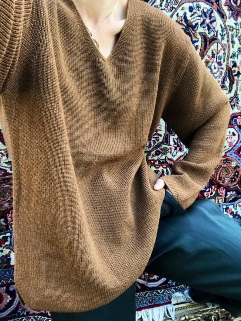 Vintage Chestnut Brown V-Neck Wool blend Knit Blouse Shirt Top Pullover Sweater Sweatshirt S L