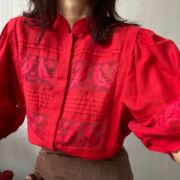 Vintage Red Cotton Puff Sleeve/ M - L
