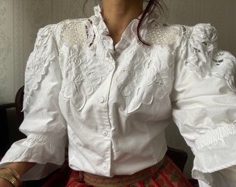 Vintage White Cotton crochet Half Sleeve Folklore Blouse/ L