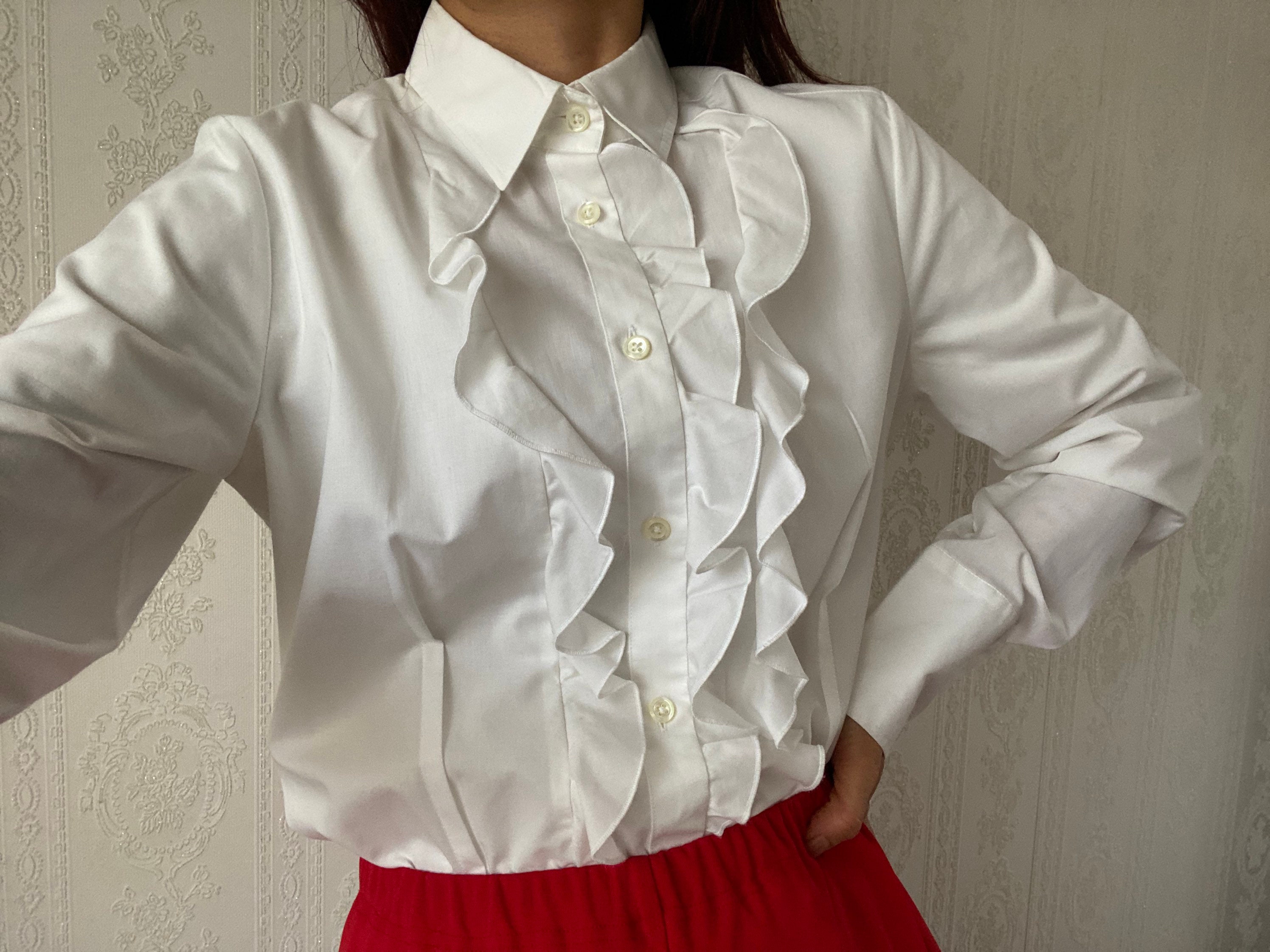 White Ruffle Cotton Long Sleeve Blouse Shirt M