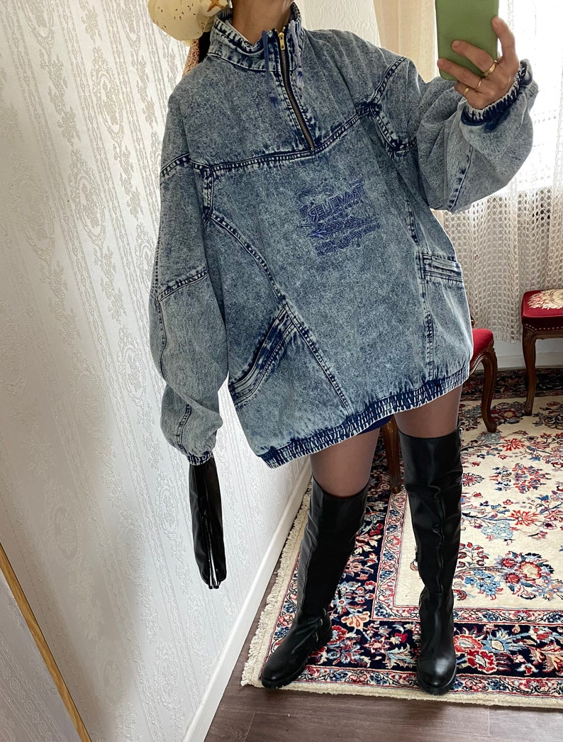 Vintage Unisex High Neck Acid Wash Oversized Denim Pullover / L 3XL Bild 5