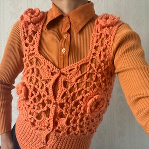Vintage Orange Hand Knit Vest/ Waistcoat/ Sleeveless top/ S