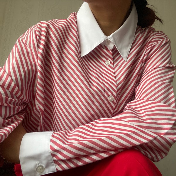 Vintage Red White Striped Long Sleeve Shirt/ Blouse/ 3XL