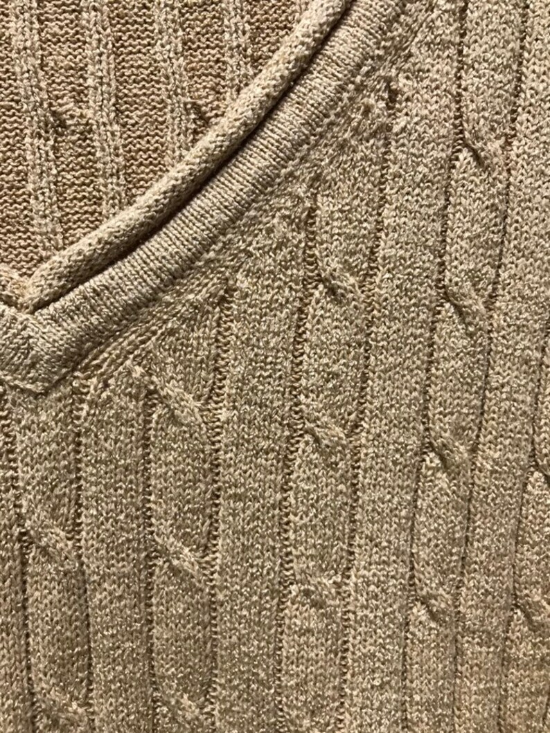 L Vintage Sand Cotton blend V-Neck Knit Top Blouse Shirt Pullover Sweater Sweatshirt S