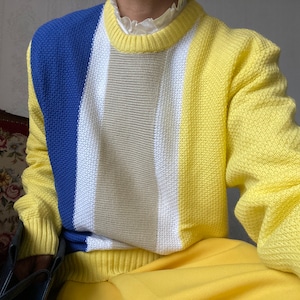 Könnte beinhalten: Ein gestrickter Pullover mit gelben, blauen, weißen und beigen Streifen. Der Pullover hat einen Rundhalsausschnitt und lange Ärmel.