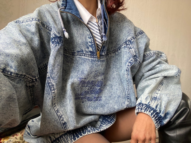 Vintage Unisex High Neck Acid Wash Oversized Denim Pullover / L 3XL Bild 7