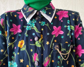 Vestido vintage de manga corta de algodón puro con estampado floral/L