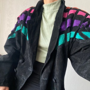 Blouson croisé vintage en daim noir épais aux épaules rembourrées/ M