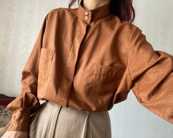 Vintage Chestnut Band Collar Long Sleeve Blouse/ L