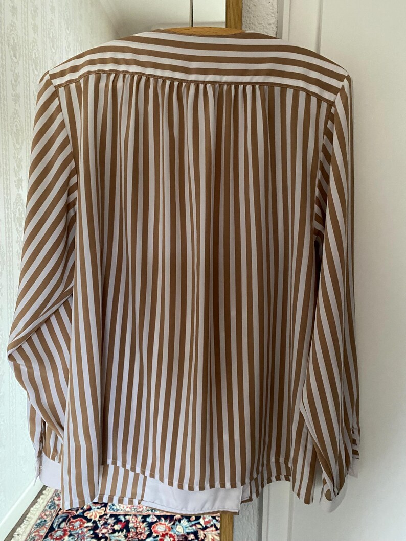 May include: A long-sleeved brown and white striped blouse with a button-up front.