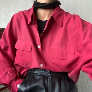 Vintage Red pure Silk Long Sleeve Shirt/ Blouse/ L - XXL