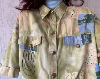 Vintage crazy pattern Cotton Short Sleeve Shirt/ L - XL