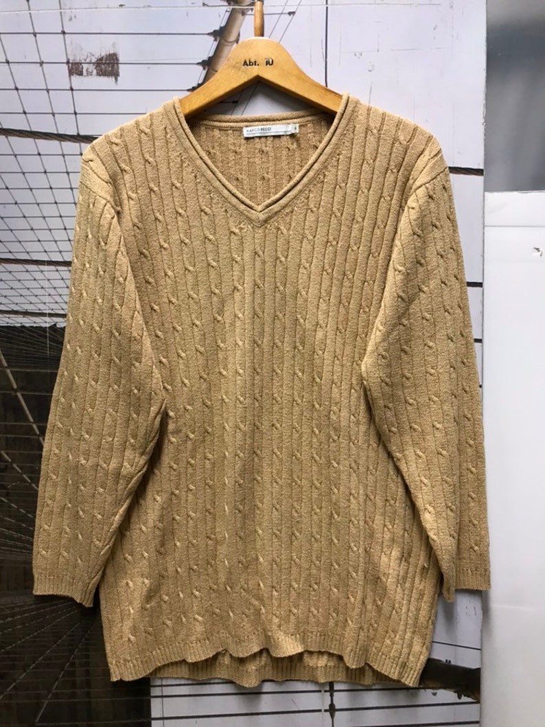 L Vintage Sand Cotton blend V-Neck Knit Top Blouse Shirt Pullover Sweater Sweatshirt S