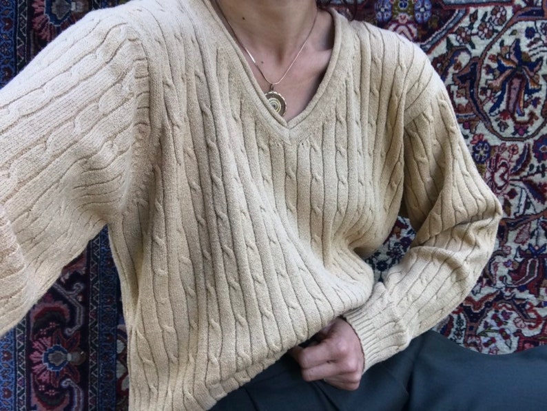 L Vintage Sand Cotton blend V-Neck Knit Top Blouse Shirt Pullover Sweater Sweatshirt S