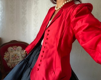 Vintage Red Silk long Sleeve Blouse/ Jacket/ Top/ M