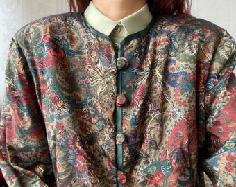 Vintage bunte Blumen Jacquard Langarm Bluse / XL - XXL