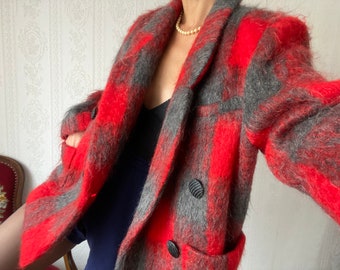Vintage Red Grey Checkerboard Wool blend double breasted Jacket/ M - L