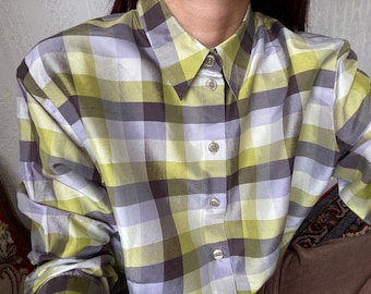 Vintage pastel Checkered Long Sleeve Silk Blouse/ Shirt/ XL