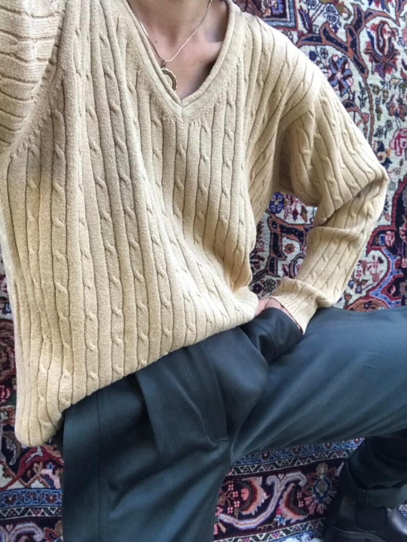 L Vintage Sand Cotton blend V-Neck Knit Top Blouse Shirt Pullover Sweater Sweatshirt S