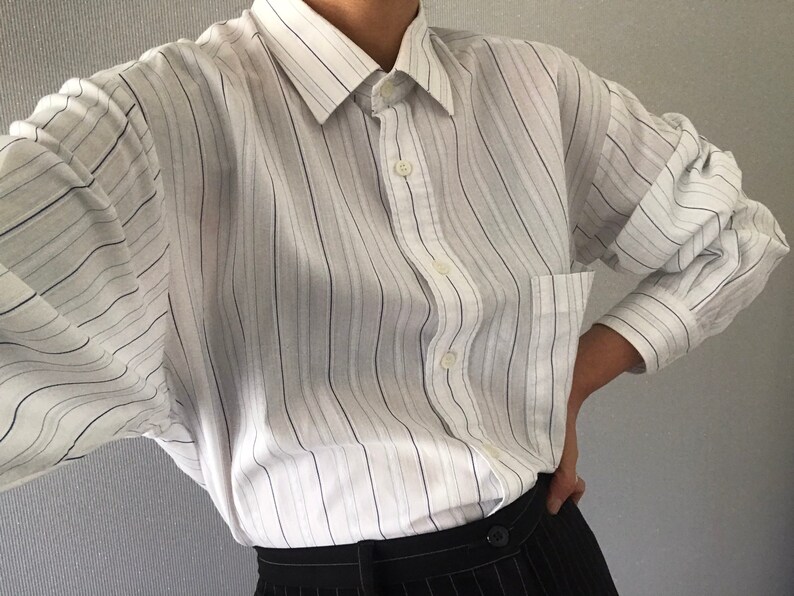 Vintage Unisex jacquard White Cotton Blue Striped Long Sleeve Shirt Top Blouse S L