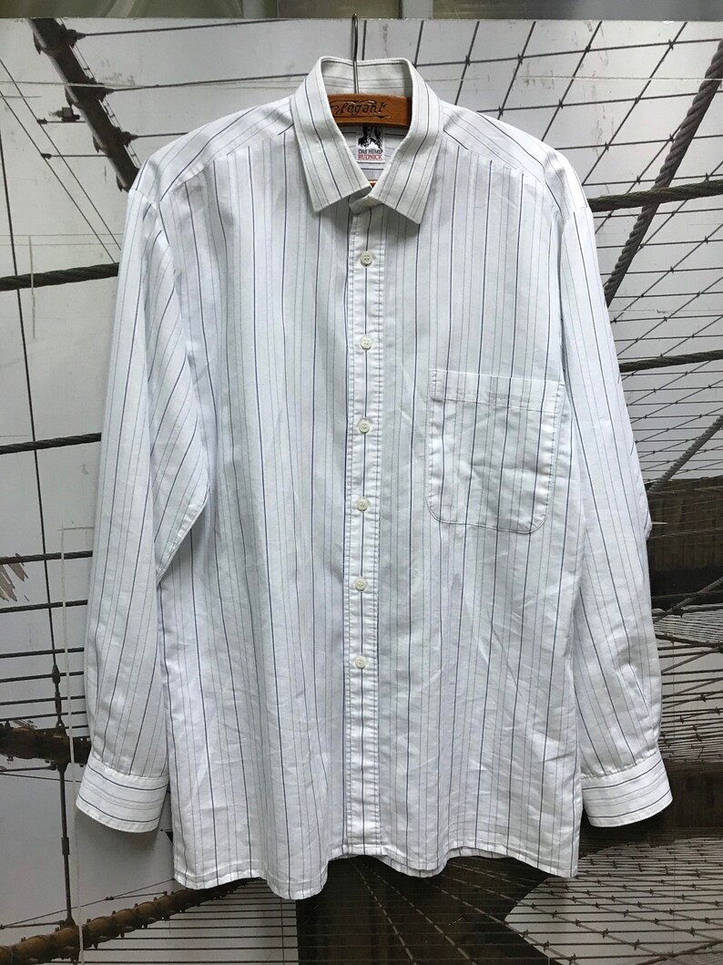 Vintage Unisex jacquard White Cotton Blue Striped Long Sleeve Shirt Top Blouse S L