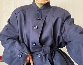 Vintage marineblauwe wollen trenchcoat met hoge hals / XXL - 3XL