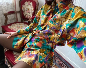 Vintage crazy pattern Silk Long Sleeve Shirt/ Blouse/ M - L