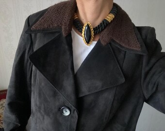 Vintage Anthracite Knit Lapel Suede Coat/ M
