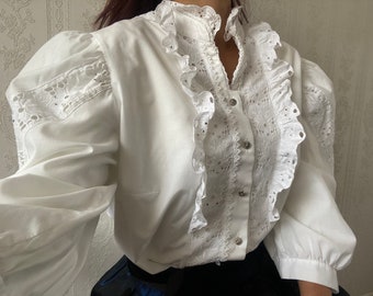 人気 ブランド チェック Vintage White Etsy - L Blouse/ Folklore Cotton シャツ/ブラウス(長袖/七分)