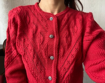 Vintage Red Wool Knit Folklore Cardigan/ S