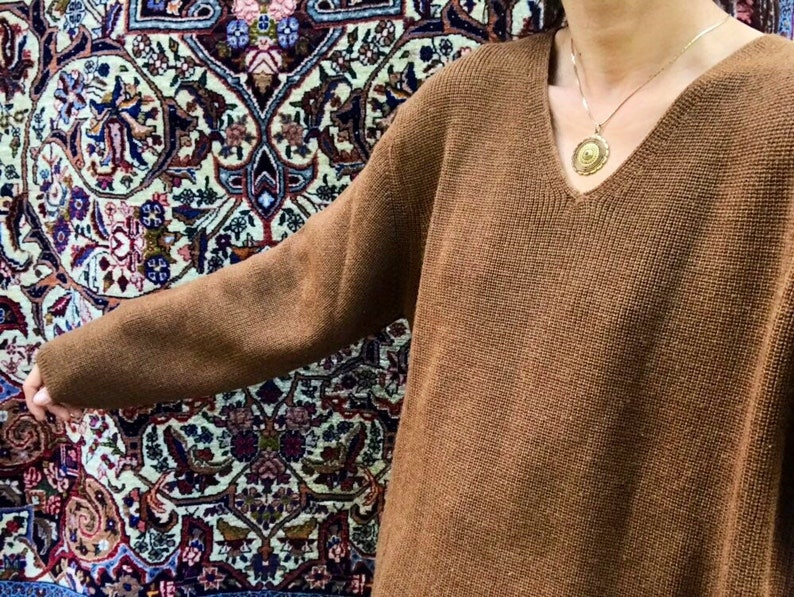 Vintage Chestnut Brown V-Neck Wool blend Knit Blouse Shirt Top Pullover Sweater Sweatshirt S L