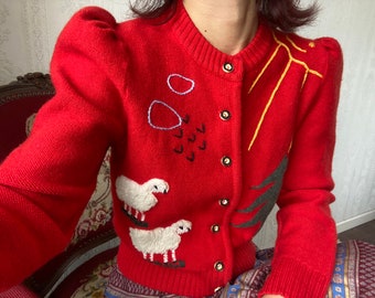 Vintage Red Wool hand knit Folklore Cardigan/ S