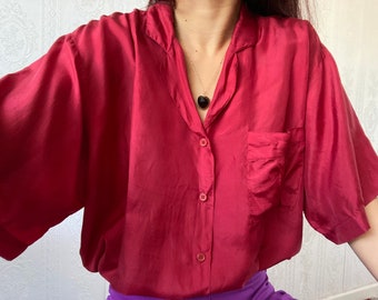 Vintage Red oversized Short Sleeve Silk Blouse/ Shirt/ XXL - 3XL